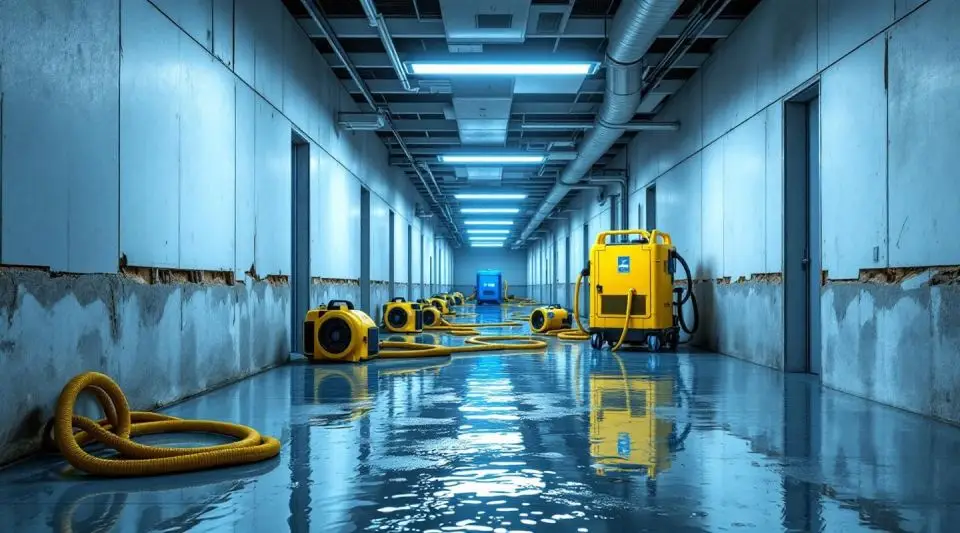 Commercial water extraction technicians using industrial desiccant dehumidifiers in a flooded Gilbert office building.