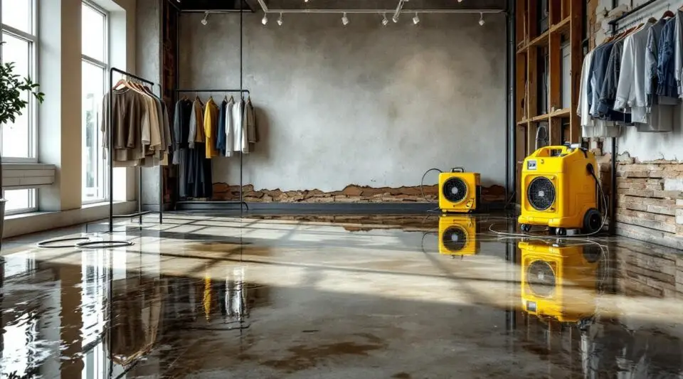 Triplex Restoration technicians drying commercial vinyl flooring and drywall inside a flooded Gilbert retail store.