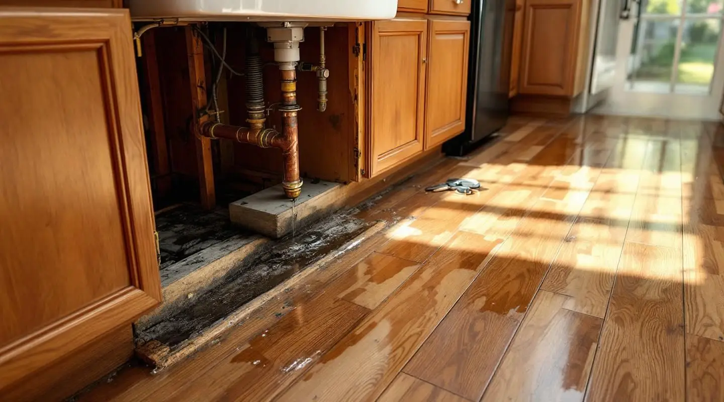 Triplex Restoration technician drying water-damaged kitchen cabinets in a Gilbert home using professional air movers.