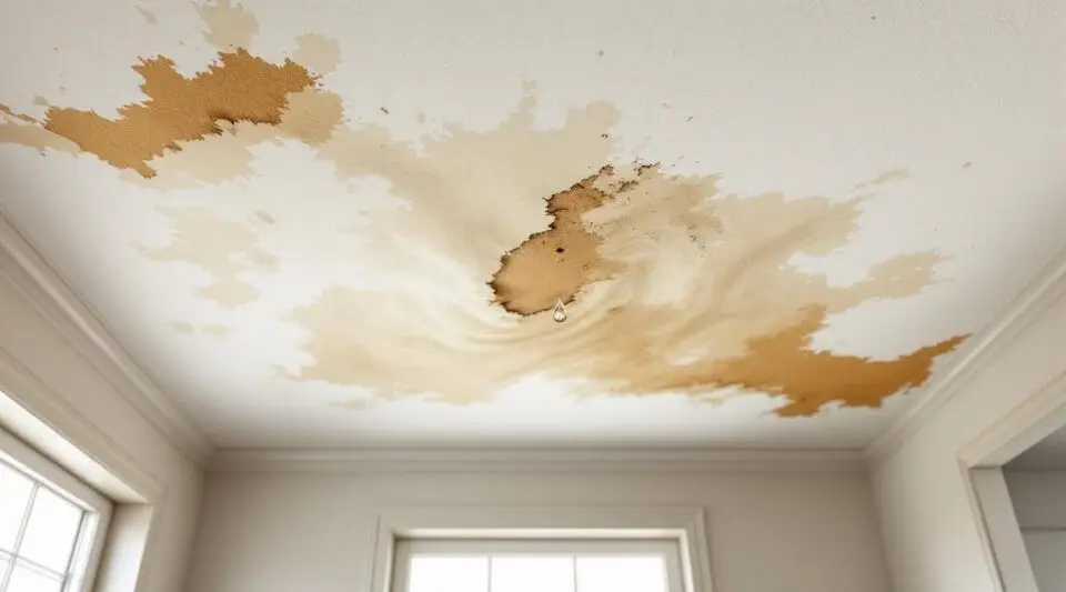 A restoration technician inspecting a water-stained drywall ceiling in a Gilbert home using a thermal imaging camera.