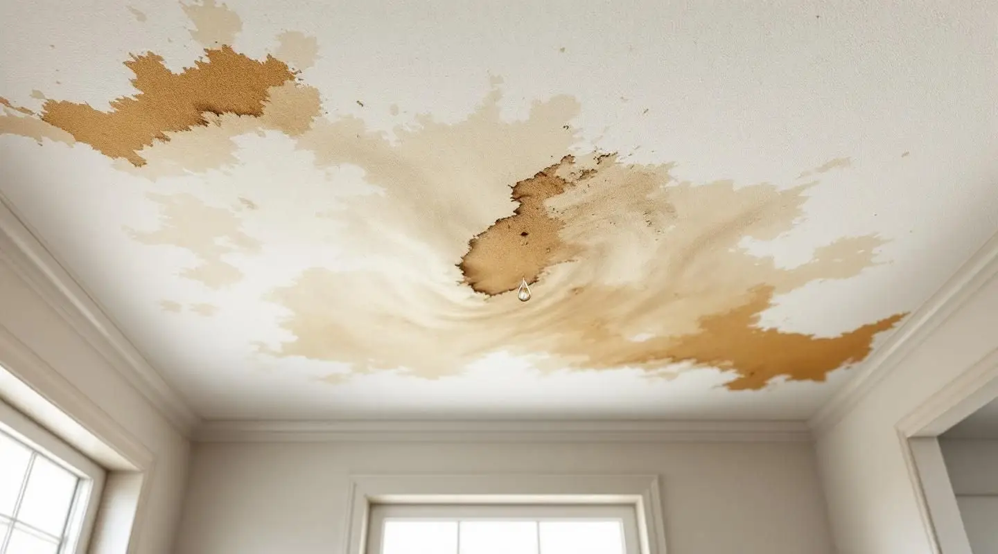 A restoration technician inspecting a water-stained drywall ceiling in a Gilbert home using a thermal imaging camera.