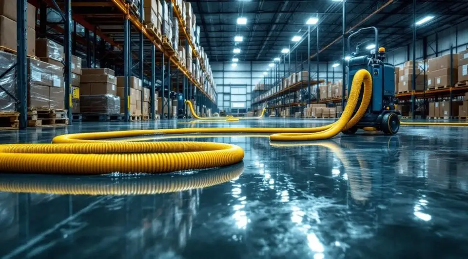 Industrial truck-mounted water extraction unit pumping floodwater out of a large commercial warehouse bay in Gilbert.