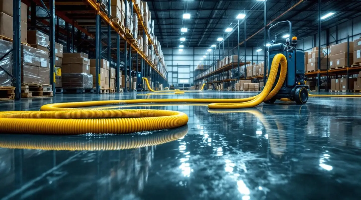 Industrial truck-mounted water extraction unit pumping floodwater out of a large commercial warehouse bay in Gilbert.