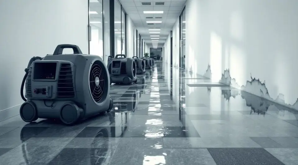 Commercial water extraction crew using industrial air movers in a flooded Gilbert office hallway.