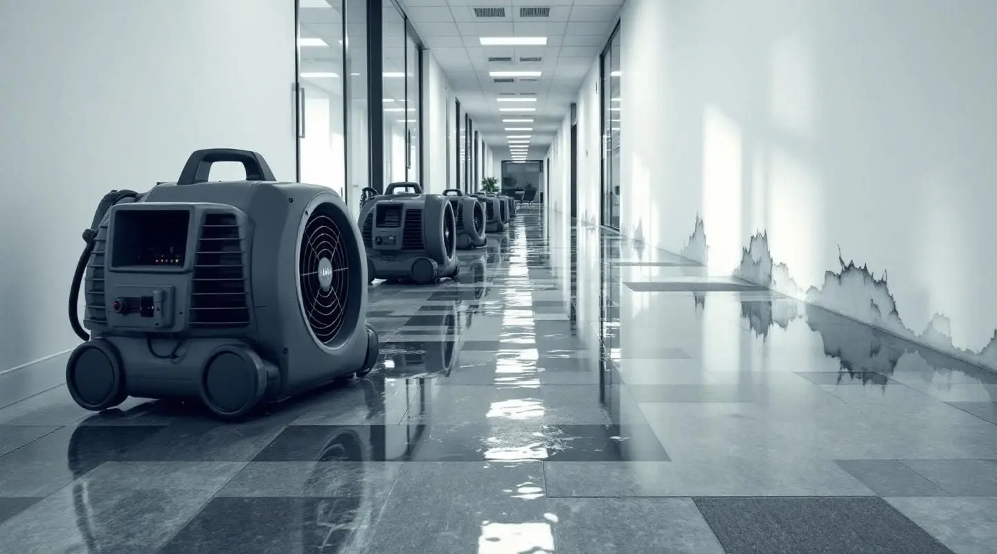 Commercial water extraction technicians drying a flooded office building hallway in Gilbert using professional air movers.