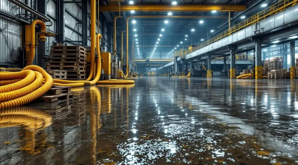 Triplex Restoration technicians using heavy-duty water extraction equipment in a flooded Gilbert warehouse under amber lights
