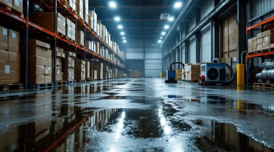Commercial water extraction crew using industrial pumps on a flooded concrete warehouse floor in Gilbert, Arizona.