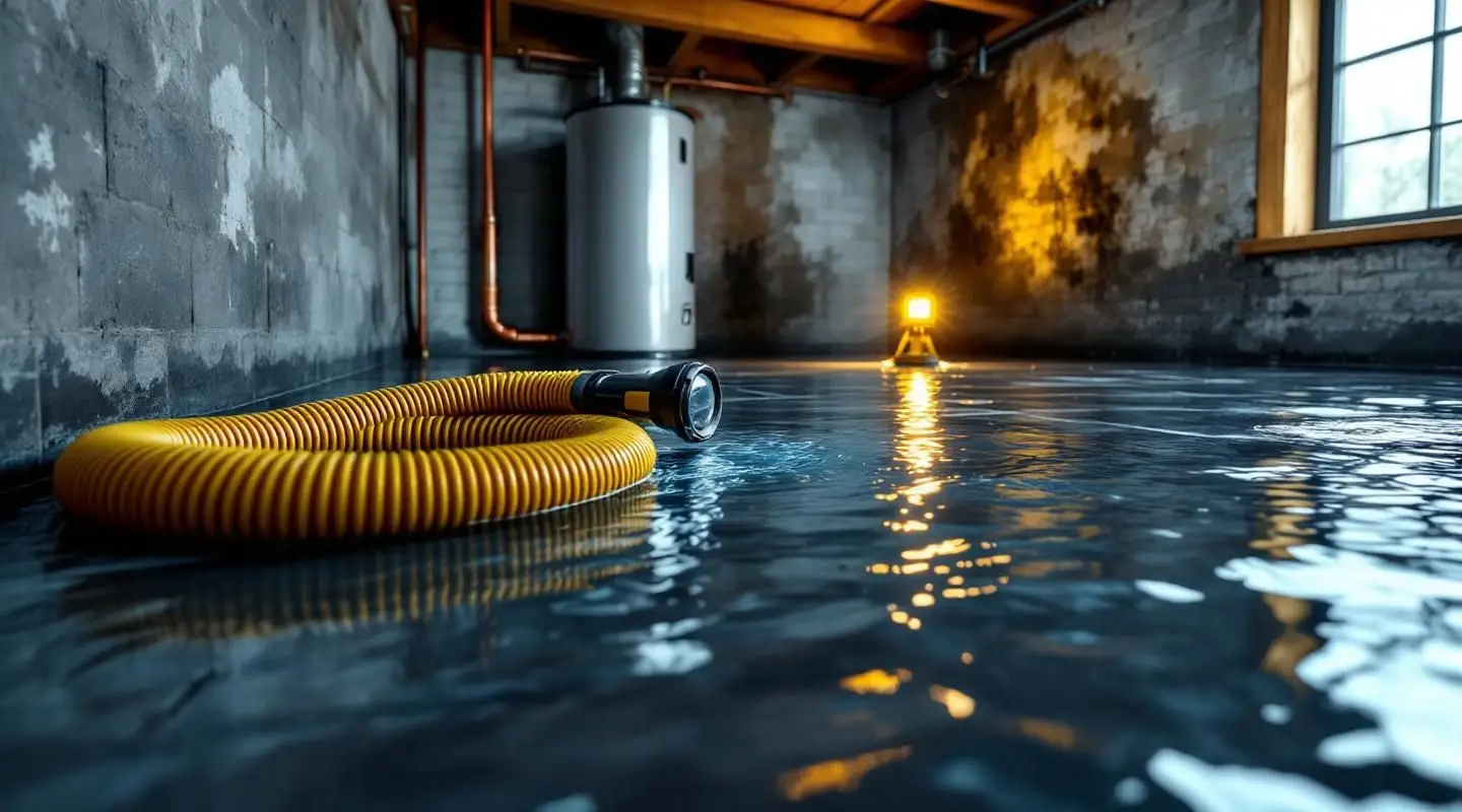 Triplex Restoration technician extracting water from damp hardwood flooring in a Gilbert home under focused work lights.