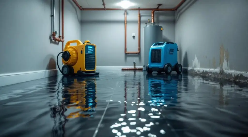 Triplex Restoration technicians using commercial air movers and water extractors inside a flooded Phoenix home.