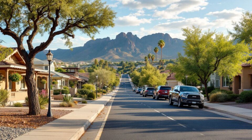 A luxury desert estate in Paradise Valley, Arizona, with Camelback Mountain in the background, showing a quiet restoration vehicle parked nearby.