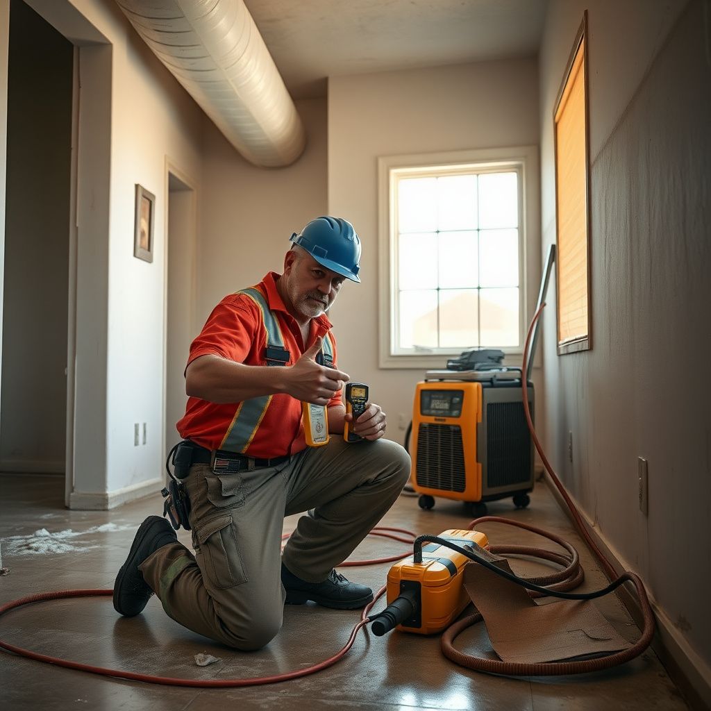 A professional moisture meter displaying dry readings on a restored drywall surface in a Gilbert home.