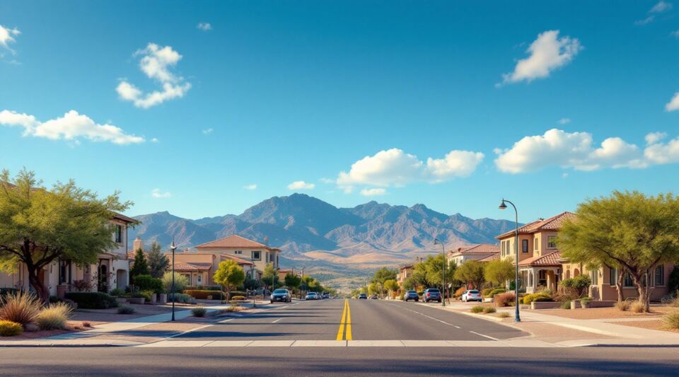 A professional service vehicle parked on a residential street in San Tan Valley, Arizona, with desert landscaping and stucco homes.