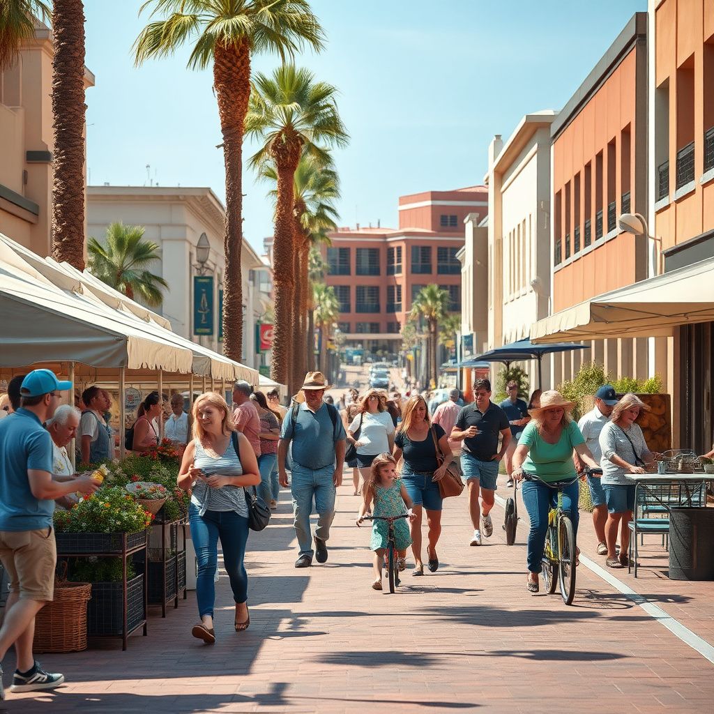A scenic view of a historic street in downtown Mesa, Arizona, showing classic Southwestern architecture and palm trees.