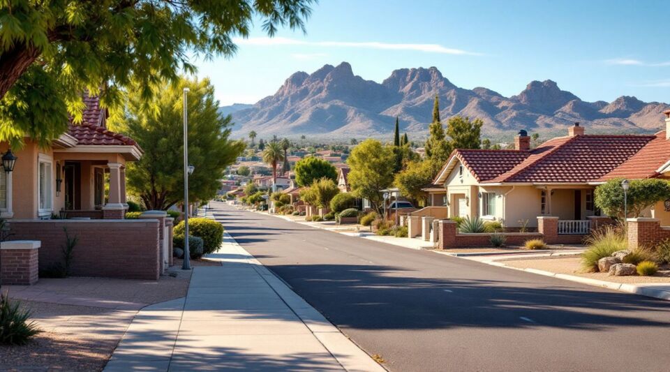 A service vehicle parked along a residential street in Chandler, Arizona, with Spanish revival homes under a warm desert sky