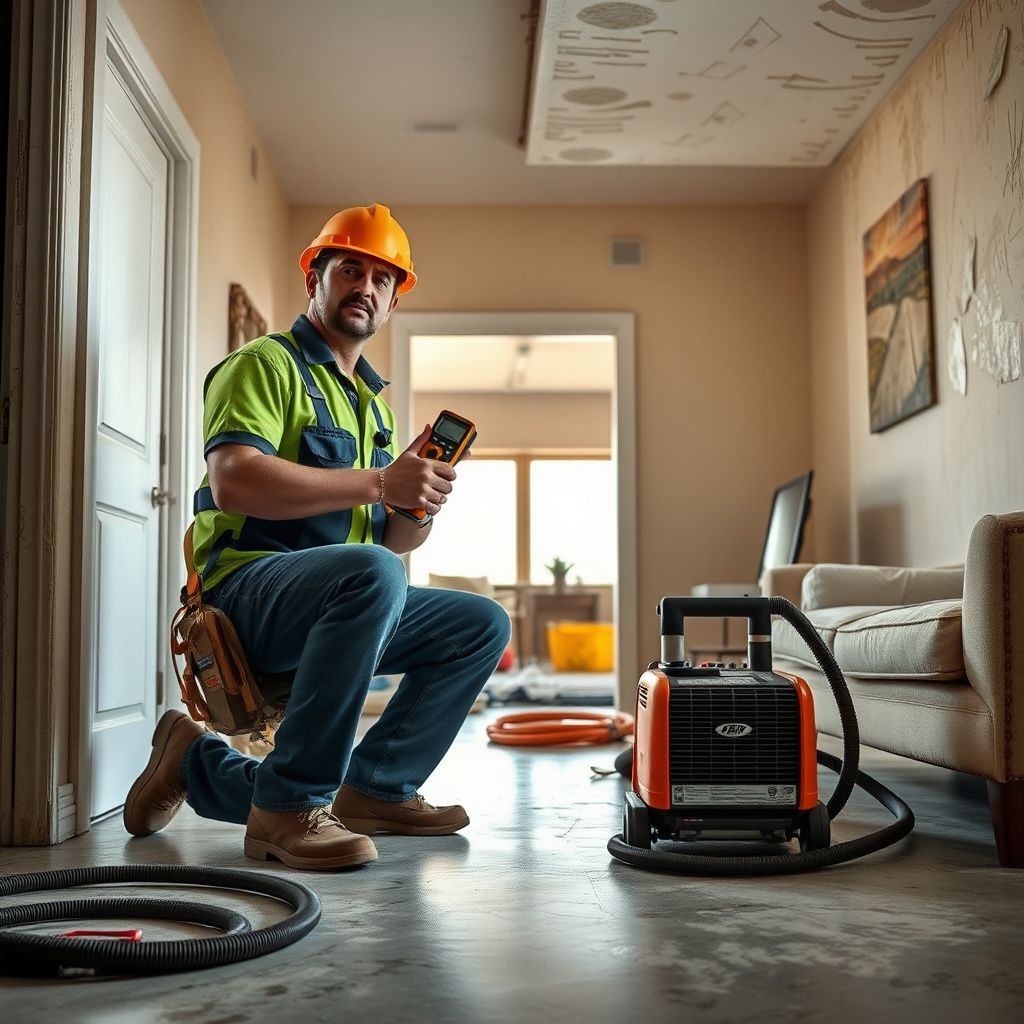 An industrial dehumidifier and air movers positioned to dry a water-damaged hardwood floor in a Scottsdale home.