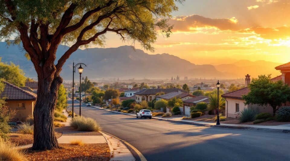 A restoration vehicle parked on a residential street in Gilbert, Arizona, during a soft desert sunset.