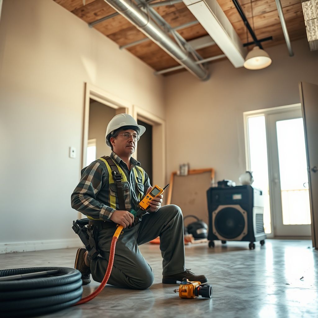 A certified water restoration technician using a thermal imaging camera to detect hidden moisture behind a stucco wall in Phoenix.