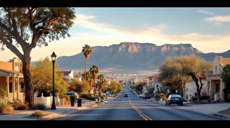A service vehicle parked on an Apache Junction residential street with the Superstition Mountains rising in the background.